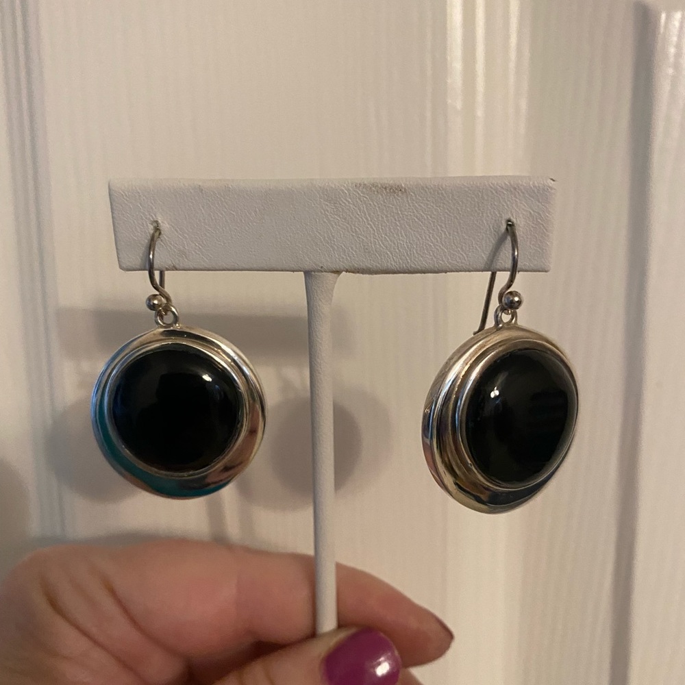 .925 Silver & Onyx Drop Earrings, stamped 925 & BARRE, one picture shows B&A shn
